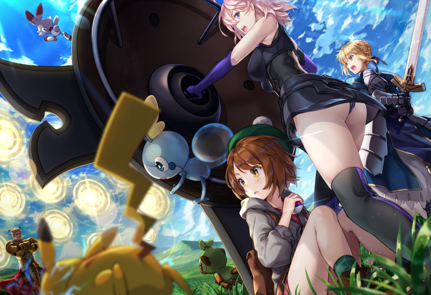 1boy 3girls absurdres ahoge ankle_boots armor armored_dress armored_leotard armpits artoria_pendragon_(all) ass backpack bag bare_legs bare_shoulders battle black_legwear black_leotard blonde_hair blue_dress blue_eyes blue_ribbon blue_sky blurry blush boots breasts brown_footwear brown_hair creatures_(company) crossed_arms crossover day depth_of_field dress electricity fate/grand_order fate_(series) faulds female_protagonist_(pokemon_swsh) full_armor game_freak gate_of_babylon gauntlets gen_1_pokemon gen_8_pokemon gilgamesh grass green_eyes green_headwear green_legwear grey_cardigan grookey hair_bun hair_ribbon hiding highres holding holding_poke_ball holding_shield holding_sword holding_weapon katoroku knees_up leotard light_rays long_sleeves looking_back looking_down mash_kyrielight medium_breasts multiple_girls nintendo on_grass outdoors parted_lips pikachu pink_hair poke_ball poke_ball_(generic) pokemon pokemon_(creature) pokemon_(game) pokemon_swsh purple_eyes ribbon saber scorbunny shield short_hair sitting sky sobble socks sunbeam sunlight sweat sword thighhighs v-shaped_eyebrows weapon