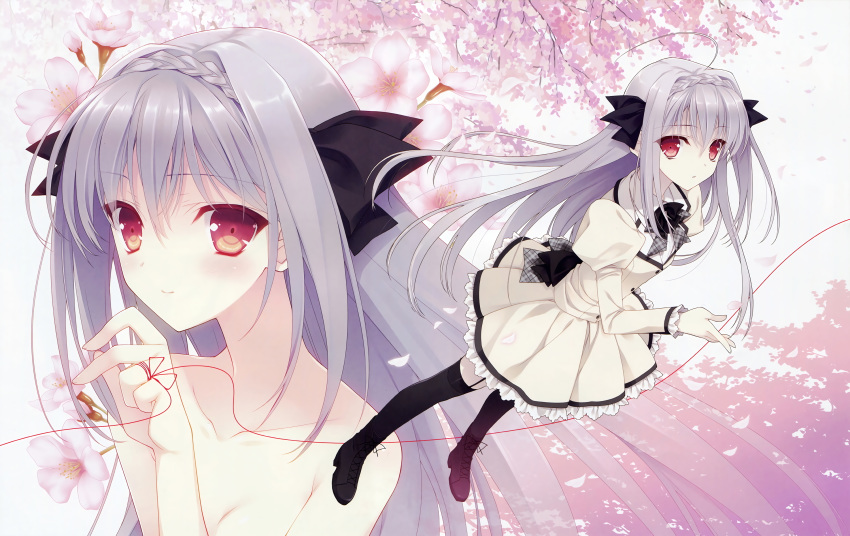 1girl artist_request black_footwear black_legwear black_ribbon dress floral_background full_body hair_ribbon highres juliet_sleeves lavender_hair long_hair long_sleeves looking_at_viewer nude puffy_sleeves red_eyes red_string ribbon sakurakouji_luna source_request string tsuki_ni_yorisou_otome_no_sahou upper_body white_dress