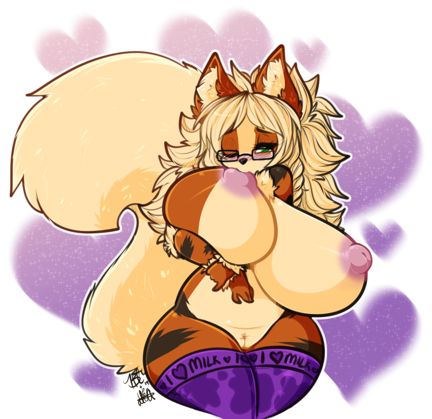 anthro arcanine areola big_areola big_breasts big_nipples blonde_hair blush breast_grab breast_squeeze breasts chest_tuft clothing ear_tuft eyewear female fluffy fluffy_tail fur glasses green_eyes hair hand_on_breast hi_res huge_breasts legwear long_hair long_tail looking_at_viewer mostly_nude nintendo nipples one_eye_closed orange_fur pink_areola pink_nipples pok&eacute;mon pok&eacute;mon_(species) pussy simple_background slightly_chubby socks solo tehbuttercookie thick_tail thick_thighs tuft video_games voluptuous wide_hips yellow_fur