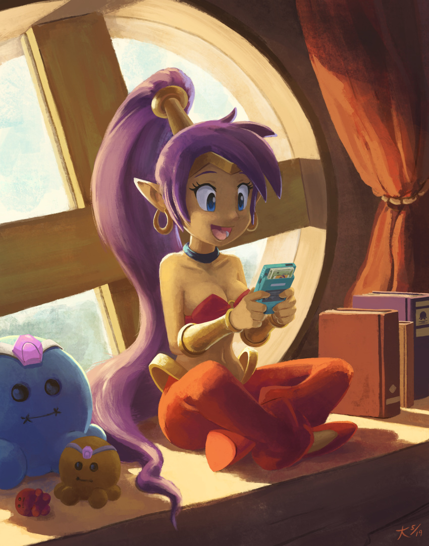 2019 absurd_res bare_shoulders blue_eyes book breasts capcom clothing deannart ear_piercing female footwear game_boy game_boy_family gaming genie hair hi_res humanoid inside long_hair navel nintendo not_furry open_mouth piercing playing_videogame plushie pointy_ears ponytail purple_hair shantae shantae_(series) signature sitting solo video_games wayforward window