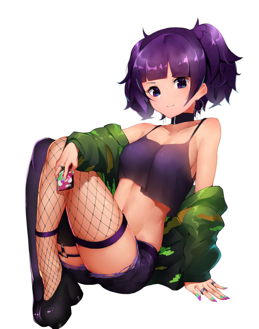 1girl arm_support bangs bare_shoulders black_choker black_footwear black_legwear blunt_bangs boruhis breasts camisole cellphone choker closed_mouth collarbone commentary_request crop_top earrings eyebrows_visible_through_hair fishnet_legwear fishnets full_body green_jacket highres holding holding_phone hoop_earrings idolmaster idolmaster_shiny_colors jacket jewelry looking_at_viewer mismatched_legwear nail_art navel off_shoulder open_clothes open_jacket phone purple_eyes purple_hair purple_shorts ring shiny shiny_hair shiny_skin shoes short_hair short_twintails shorts sidelocks simple_background sitting small_breasts smartphone smile solo stomach tanaka_mamimi thighhighs twintails white_background