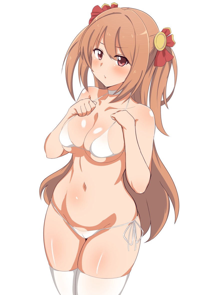 1girl bikini breasts brown_hair choker cleavage collarbone curvy eyebrows_visible_through_hair eyes_visible_through_hair hair_ribbon highres long_hair looking_at_viewer medium_breasts navel princess_connect! princess_connect!_re:dive red_eyes red_ribbon ribbon sakurai_nozomi_(princess_connect) seihekiog side-tie_bikini solo standing swimsuit thighhighs white_bikini white_choker white_legwear wide_hips