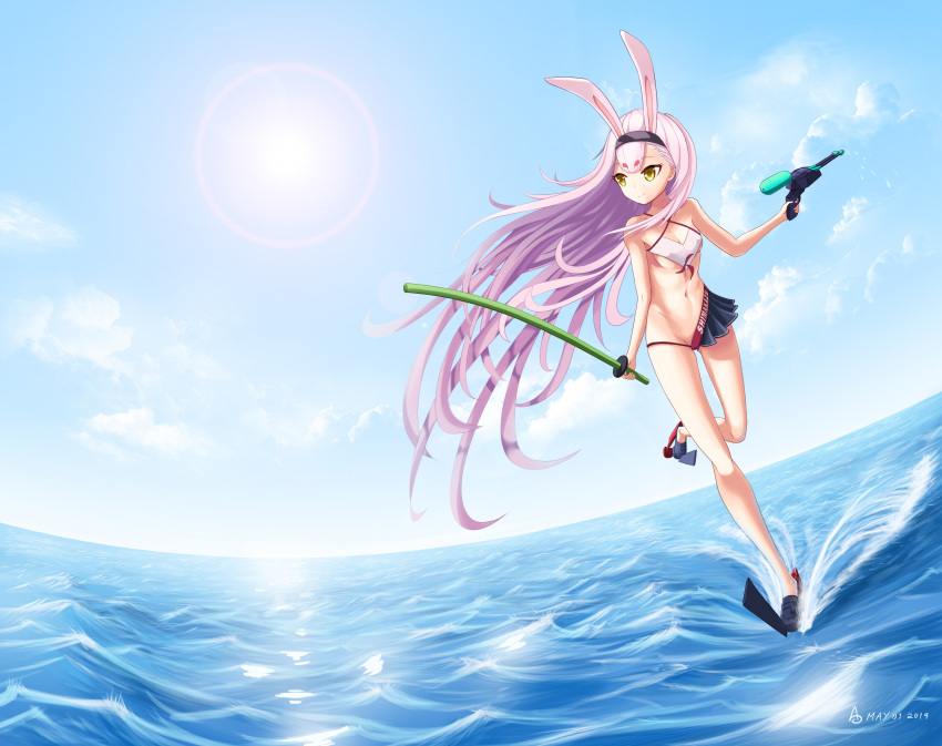 1girl absurdres animal_ears asymmetrical_clothes asymmetrical_legwear azur_lane bare_shoulders breasts bunny_ears cleavage_cutout cloud dated english_text groin hairband highres long_hair navel ocean pink_hair shimakaze_(azur_lane) skirt small_breasts solo swimsuit uranophane water water_gun yellow_eyes