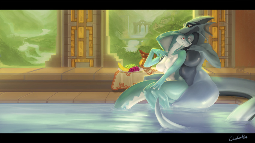 16:9 2019 anthro banana biped breast_size_difference breasts claws cobra cuddling detailed_background digital_media_(artwork) dragon duo ear_fins featureless_breasts female female/female fin food fruit grapes green_eyes grey_scales grey_tail half-closed_eyes jar letterbox long_tail multicolored_scales non-mammal_breasts nude partially_submerged plant red_eyes reptile sajik scales scalie signature sitting smile snake snake_hood swimming_pool two_tone_scales white_claws white_scales yellow_eyes