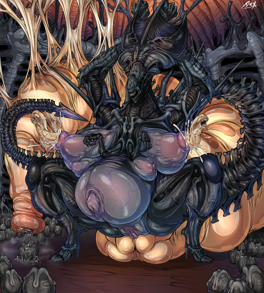 2019 4_arms 4_breasts alien alien_(franchise) belly big_belly big_breasts birth breasts bulge chestburster claws digital_media_(artwork) dryadex egg eyeless fangs feet female hi_res huge_breasts large_female multi_arm multi_breast multi_limb navel nipple_birth nipple_penetration nipples not_furry nude open_mouth outie_navel oviposition ovipositor penetration pregnant puffy_nipples pussy sharp_teeth solo teeth thick_thighs vein veiny_breasts voluptuous xenomorph xenomorph_queen