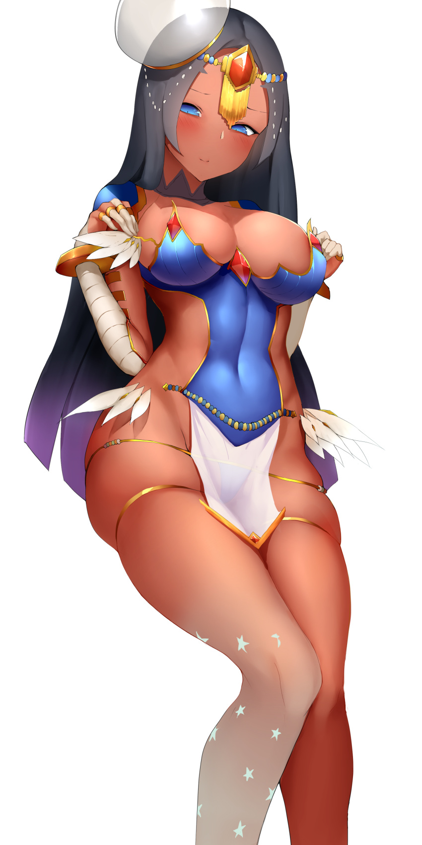 1girl absurdres bandage bikini black_hair blue_bikini_bottom blue_eyes blush boruhis bracelet breasts circlet closed_mouth covered_navel dark_skin fate/grand_order fate_(series) forehead_jewel groin hat head_tilt highres impossible_clothes jewelry large_breasts long_hair looking_at_viewer lowleg lowleg_bikini mini_hat pelvic_curtain revealing_clothes ring scheherazade_(fate/grand_order) see-through simple_background skindentation smile solo star swimsuit white_background
