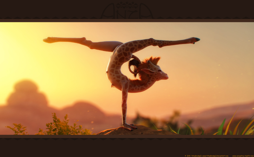 2016 3d_(artwork) anthro barely_visible_genitalia barely_visible_pussy blurred_background depth_of_field digital_media_(artwork) female flexible giraffe giraffid handstand hi_res hooves horn mammal multi_nipple nipples nude outside pose pussy solo tchaikovsky2 uzuri_(tchaikovsky2) yoga