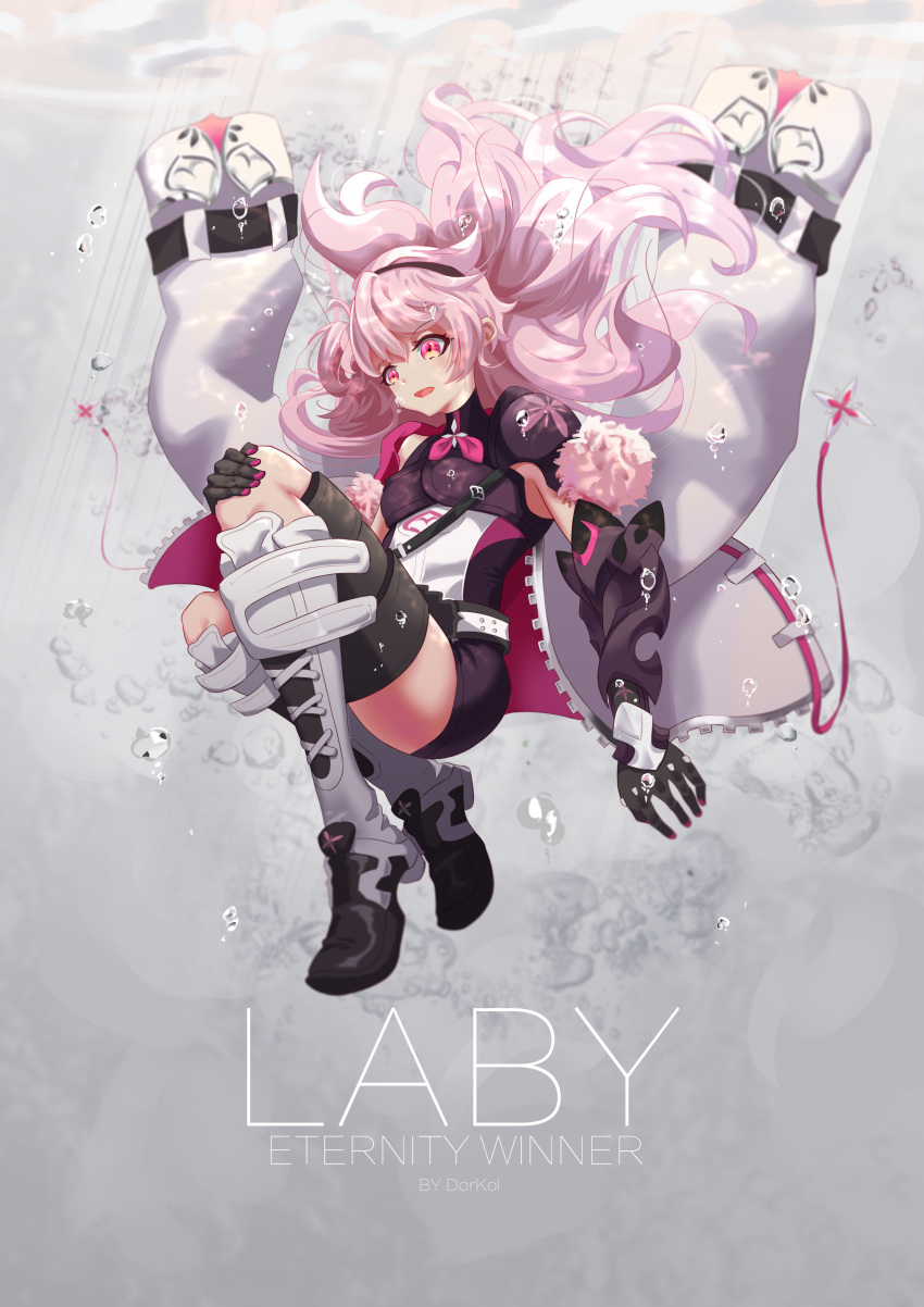 1girl :o absurdres black_gloves black_hairband black_shorts boots bubble character_name drakol elbow_gloves elsword eternity_winner_(elsword) full_body gloves grey_background hairband hand_on_own_knee highres jacket_on_shoulders knee_boots laby_(elsword) long_hair open_mouth pink_eyes pink_hair shorts shoulder_pads underwater