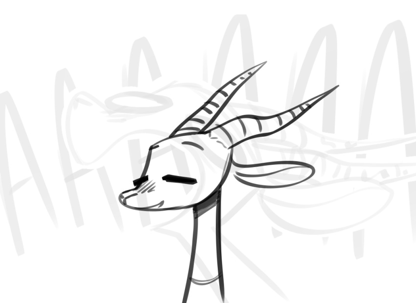 2018 ambiguous_gender antelope anthro bovid clothed clothing english_text facial_markings fuel_(artist) fuel_(character) gazelle greyscale horn internal_screaming mammal markings monochrome open_mouth reaction_image simple_background smile text white_background