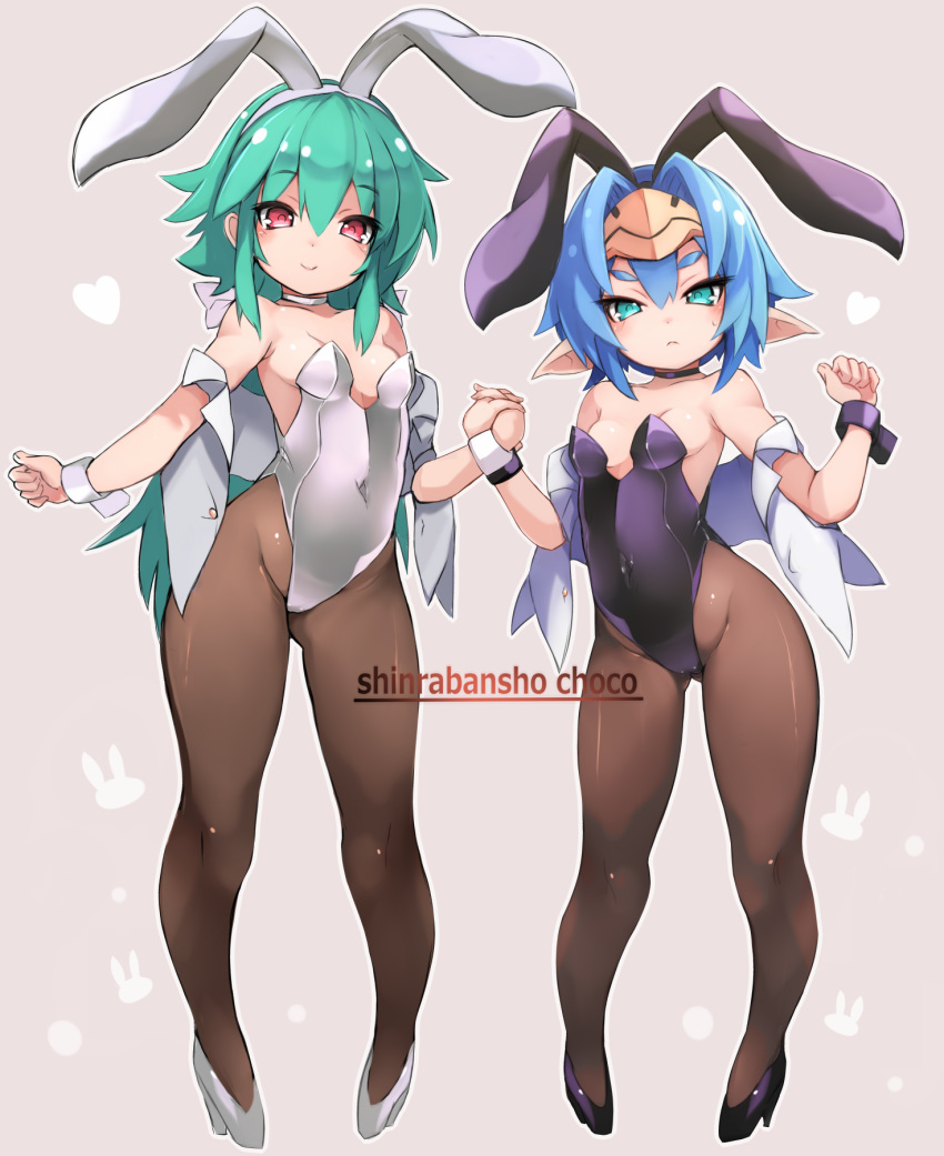 2girls animal_ears aqua_eyes bangs bare_shoulders black_choker black_footwear black_hairband black_leotard blue_eyes blush breasts brown_background brown_legwear bunny_ears bunnysuit choker closed_mouth collarbone commentary_request covered_navel fake_animal_ears fingernails frown green_hair hair_between_eyes hairband hand_holding heart hellmatio high_heels highres karukan_(monjya) leotard long_hair looking_at_viewer multiple_girls off_shoulder open_clothes open_vest pantyhose pointy_ears red_eyes shinrabanshou shizuku_(shinrabanshou) shoes simple_background small_breasts smile strapless strapless_leotard thick_eyebrows v-shaped_eyebrows very_long_hair vest white_footwear white_hairband white_leotard white_vest wrist_cuffs