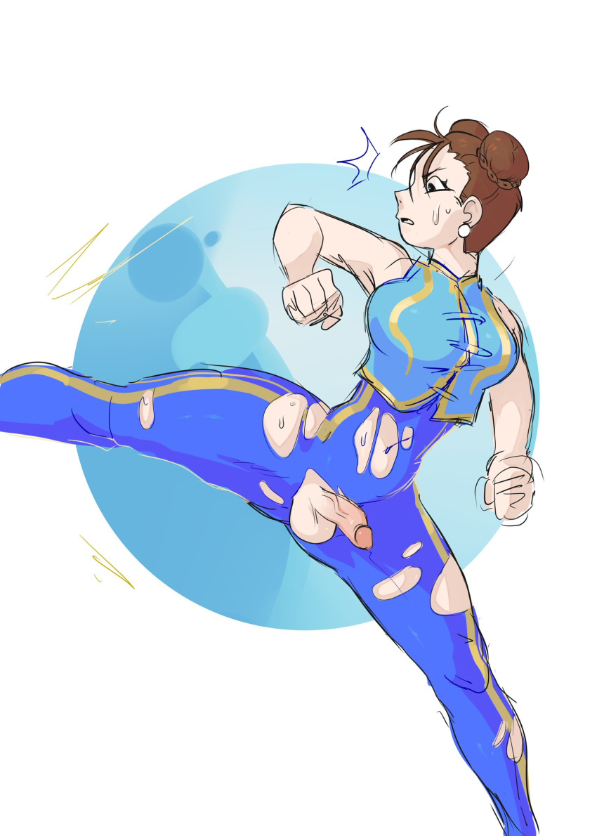 balls breasts capcom chun-li earings futanari hair_bun highres leg_up penis street_fighter sweating thick_thighs thighs torn_clothes