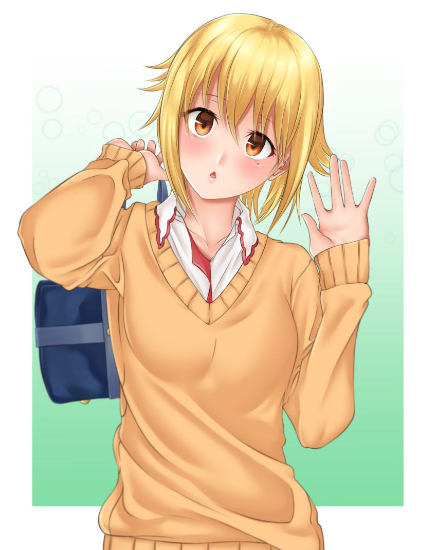 1girl absurdres bag bangs blonde_hair blush bookbag brown_eyes hands_up highres hitoribocchi_no_marumaru_seikatsu kana_kinoko looking_at_viewer short_hair simple_background solo standing sunao_nako sweater upper_body