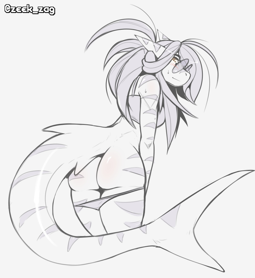 2019 absurd_res anthro bikini biped butt butt_pose clothing digital_media_(artwork) eyebrows eyewear female fin fish grey_background hair hi_res long_hair long_tail looking_at_viewer marine monochrome portrait shark simple_background smaller_version_at_source solo striped_ears striped_skin striped_tail stripes sunglasses swimwear tail_fin thick_tail three-quarter_portrait zkelle