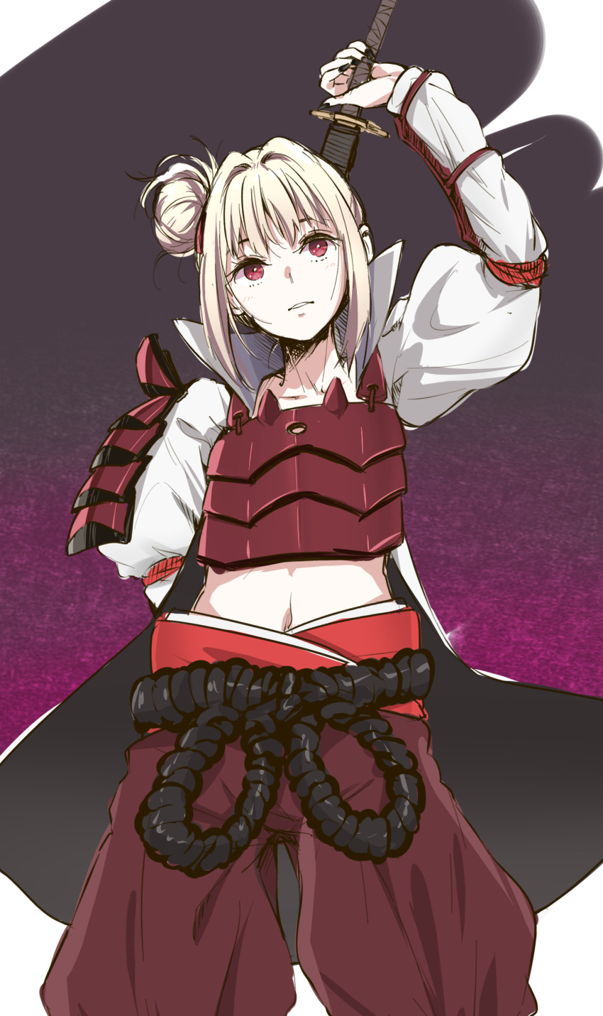 1girl absurdres armor bangs belt blonde_hair breastplate collarbone copyright cowboy_shot haine hair_bun highres holding holding_sword holding_weapon japanese_armor kote long_jacket loose_pants navel open_mouth red_eyes request rope sheath sheathed shoulder_armor simple_background sode solo standing stomach sword unsheathing weapon