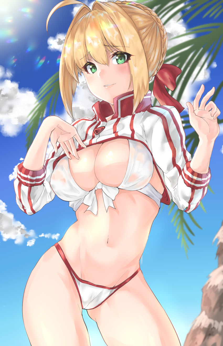 ahoge artoria_pendragon_(all) ass_visible_through_thighs bikini blonde_hair blue_sky board_game breasts cleavage cloud cloudy_sky commentary_request cosplay covered_nipples cowboy_shot eyebrows_visible_through_hair fate/extra fate_(series) front-tie_bikini front-tie_top go green_eyes hair_between_eyes hair_ribbon highres large_breasts mysterious_heroine_xx_(foreigner) mysterious_heroine_xx_(foreigner)_(cosplay) navel nero_claudius_(fate) nero_claudius_(fate)_(all) palm_tree panties parted_lips red_ribbon ribbon shignonpencil shrug sky swimsuit tree underwear