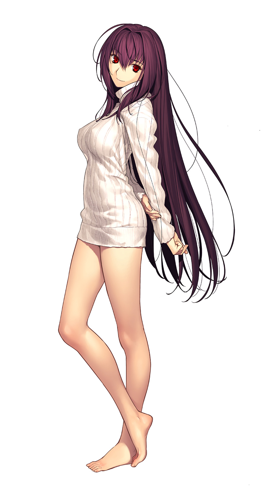 absurdres barefoot breasts fate/grand_order fate_(series) feet highres koyama_hirokazu large_breasts no_bra no_panties resized scathach_(fate)_(all) scathach_(fate/grand_order) sweater thighs upscaled white_background