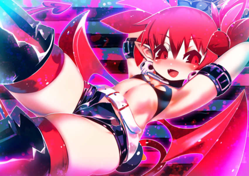 1girl armlet armpits arms_behind_head arms_up belt blush boots choker demon_girl demon_tail demon_wings disgaea etna eyebrows_visible_through_hair fang flat_chest hakkasame looking_to_the_side matching_hair/eyes midriff navel open_mouth pointy_ears red_eyes red_hair red_legwear short_hair short_shorts shorts smile solo strapless tail thigh_boots thighhighs thighs tongue tubetop twintails wings