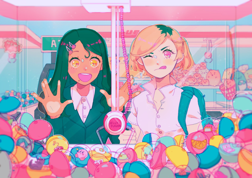 2girls absurdres black_hair blonde_hair capsule collared_shirt dark_skin food fruit gashapon hair_ornament hairclip hands_up hatsune_miku highres kirby kirby_(series) long_hair mole mole_under_mouth multicolored_hair multiple_girls nintendo one_eye_closed open_mouth orange orange_slice original pink_eyes routexx shirt short_hair smile strawberry tongue tongue_out two-tone_hair upper_body vocaloid white_shirt yellow_eyes