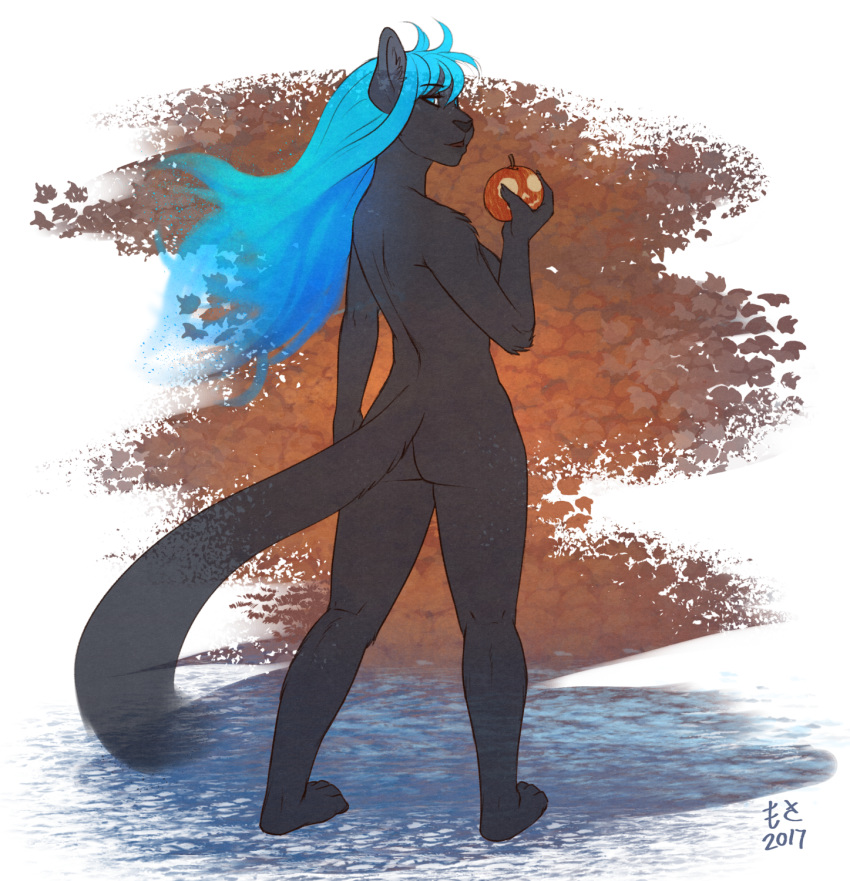 abstract_background anthro blue_hair butt felid feline female hair hi_res looking_back mammal mosa nude solo standing