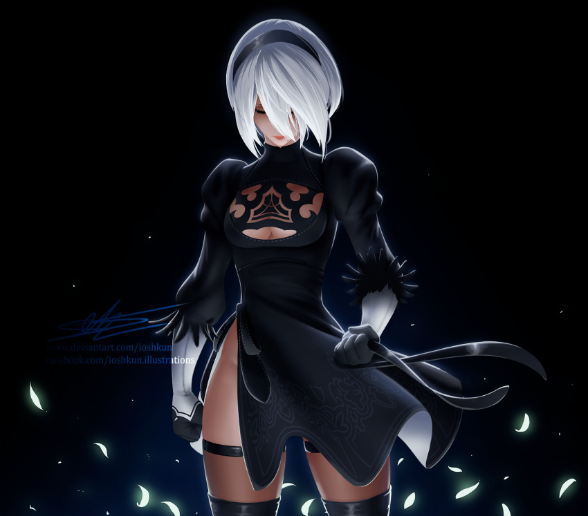 1girl black_dress black_hairband blindfold_removed breasts cleavage_cutout clenched_hands commentary dress english_commentary eyes_closed feather-trimmed_sleeves hairband highres ioshkun juliet_sleeves long_sleeves medium_breasts mole mole_under_mouth nier_(series) nier_automata no_blindfold no_bra puffy_sleeves sheer_legwear side_slit signature silver_hair solo thighhighs thighhighs_under_boots watermark web_address yorha_no._2_type_b