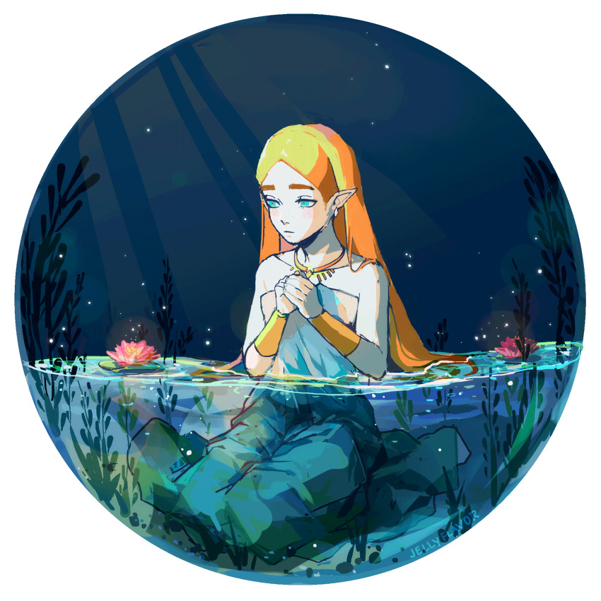 1girl aqua_eyes artist_name blonde_hair blush circle dress flower freckles hands_together hands_up highres jewelry lily_pad long_hair necklace nintendo partially_submerged pink_flower plant pointy_ears princess_zelda routexx sitting solo strapless strapless_dress the_legend_of_zelda the_legend_of_zelda:_breath_of_the_wild water_lily_flower white_dress