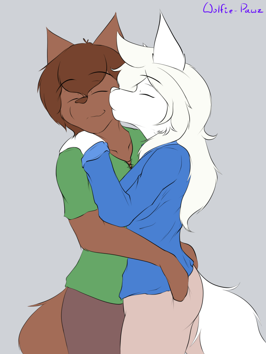 2019 anthro anthro_on_anthro biped brown_fur brown_hair canid canine canis chase_hart clothed clothing digital_media_(artwork) duo eyes_closed female fully_clothed fur hair happy hi_res hug kissing male male/female mammal pants romantic shirt side_view signature simple_background smile standing tara_hart topwear what_the_hart_wants white_fur white_hair wolf wolfie-pawz