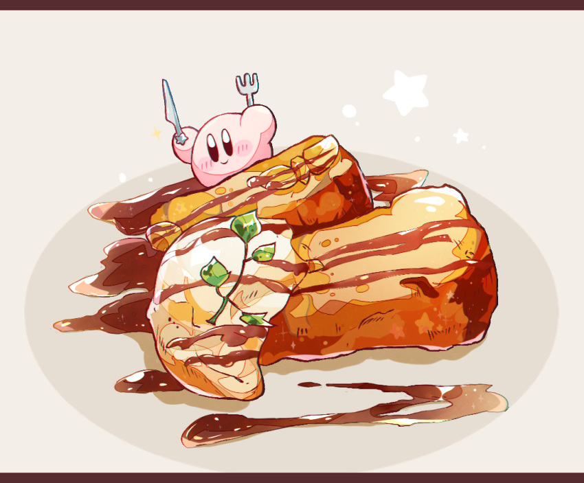 amedama_(akaki_4207) black_eyes blush cake caramel commentary_request food fork ice_cream kirby kirby's_dream_land kirby_(series) knife leaf nintendo no_humans no_nose oversized_food plate smile star