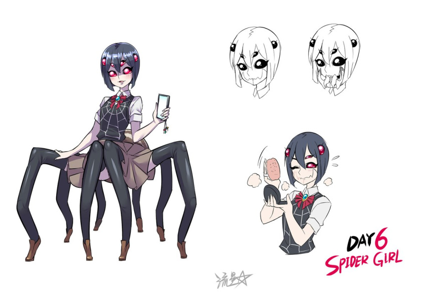 1girl black_hair insect_girl monster_girl multiple_eyes multiple_legs phone red_eyes ryuusei_(mark_ii) school_uniform short_hair skirt spider_girl thighhighs