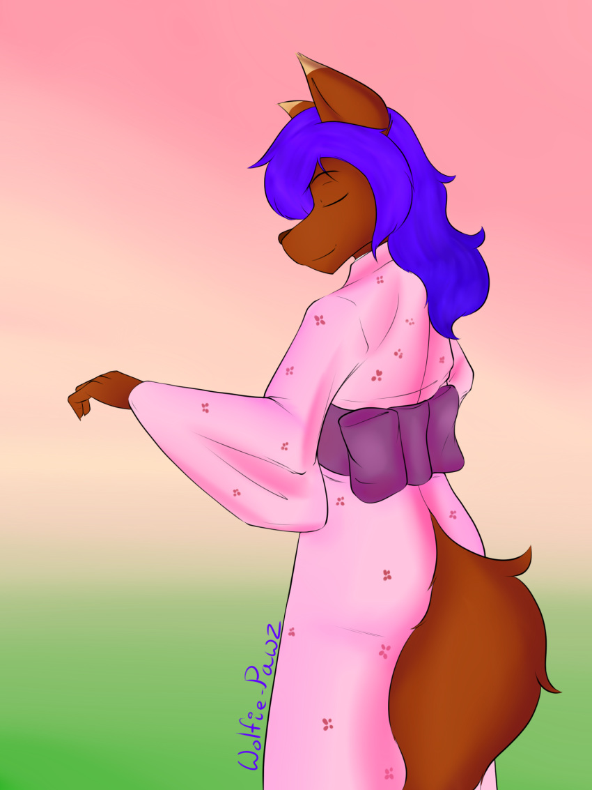 2019 anthro biped canid canine canis clothed clothing digital_media_(artwork) eyebrows eyelashes eyes_closed female fur hair happy hi_res humanoid_hands japanese_clothing kierra_holt kimono long_hair mammal purple_hair rear_view signature simple_background smile solo standing wolf wolfie-pawz