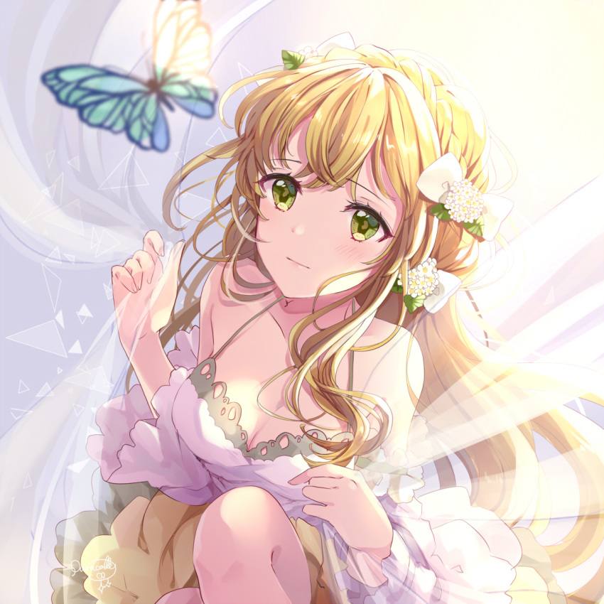 1girl animal bangs bare_shoulders blonde_hair blurry blurry_foreground blush bow braid breasts bug butterfly cleavage closed_mouth collarbone commentary_request curtain_grab curtains depth_of_field detached_sleeves dress eyebrows_visible_through_hair flower green_eyes hair_between_eyes hair_bow hair_flower hair_ornament highres insect knee_up long_hair long_sleeves medium_breasts original puracotte sitting sleeveless sleeveless_dress solo transparent very_long_hair white_bow white_dress white_flower white_sleeves wide_sleeves