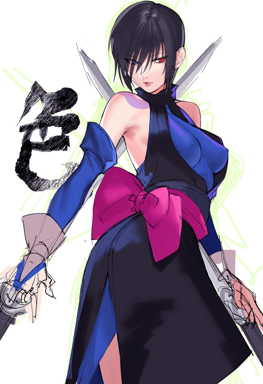 1girl bare_shoulders black_hair blue_eyes blue_gloves bow breasts bridal_gauntlets covered_nipples dual_wielding elbow_gloves gloves hair_over_one_eye halterneck heterochromia highres holding impossible_clothes lips medium_breasts ninja obi pink_bow red_eyes reverse_grip samurai_spirits sash shiki_(samurai_spirits) short_hair side_slit skin_tight solo sword tetsu_(kimuchi) weapon