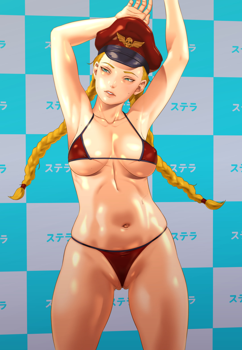 1girl absurdres armpits arms_up bare_arms bare_legs bare_shoulders bikini blonde_hair blush braid breasts breasts_apart cammy_white cleavage cowboy_shot erect_nipples green_eyes groin hat highres indoors large_breasts legs legs_apart long_hair looking_to_the_side navel parted_lips pussy red_bikini shiny shiny_skin shiory solo standing street_fighter swimsuit thighs thong twin_braids wedgie