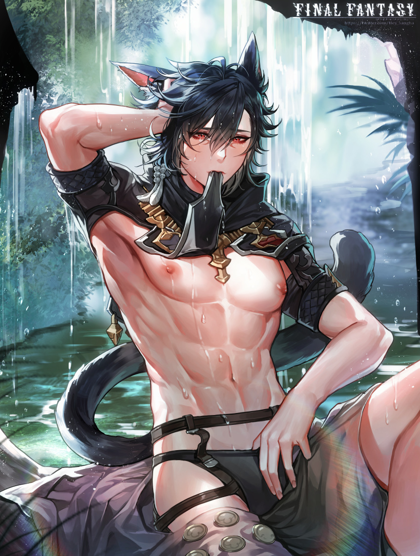 1boy abs absurdres animal_ears arm_up armpits bare_arms black_hair blurry blurry_background briefs capelet cat_ears cat_tail chest collared_capelet copyright_name crying crying_with_eyes_open day fang fang_out final_fantasy final_fantasy_xiv fingernails garter_belt hair_between_eyes hair_ornament hajun_(hey_sangha) half-closed_eyes hand_on_own_head high_collar highres huge_filesize knee_up male_focus messy_hair miqo'te mouth_hold navel nipples outdoors red_eyes shirtless short_hair short_sleeves sitting solo stomach tail tears toned twitter_username underwear undressing water waterfall watermark web_address wet wet_hair