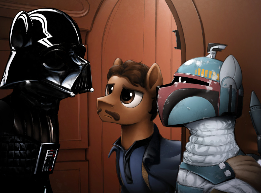 2019 absurd_res boba_fett brown_eyes clothed clothed_feral clothing darth_vader earth_pony equid equine feral group hair hi_res horse lando_calrissian male mammal mandalorian my_little_pony ponification pony selenophile star_wars