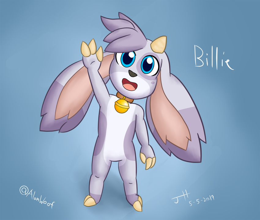 2019 alonwoof anthro barefoot bell billie_(billie_bust_up) billie_bust_up blue_eyes bovid caprine casual_nudity collar digital_media_(artwork) female fluffy fur goat hair hi_res hooves horn long_ears mammal nude purple_fur purple_hair solo spots spotted_fur video_games