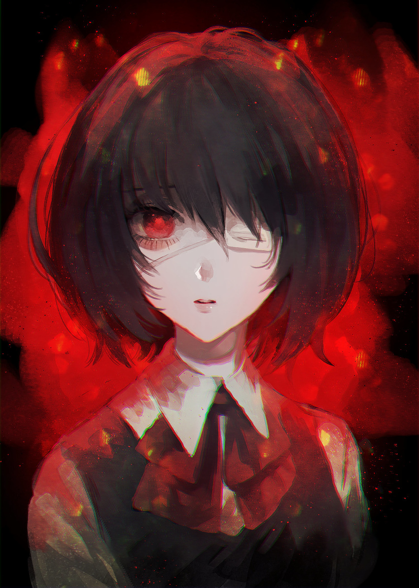 1girl another bangs black_hair black_vest chromatic_aberration close-up collared_shirt eyepatch hair_between_eyes highres lips looking_at_viewer misaki_mei neck_ribbon open_mouth pale_skin red_eyes red_neckwear red_ribbon ribbon school_uniform shirt short_hair simple_background solo vest white_shirt yumeno_yume