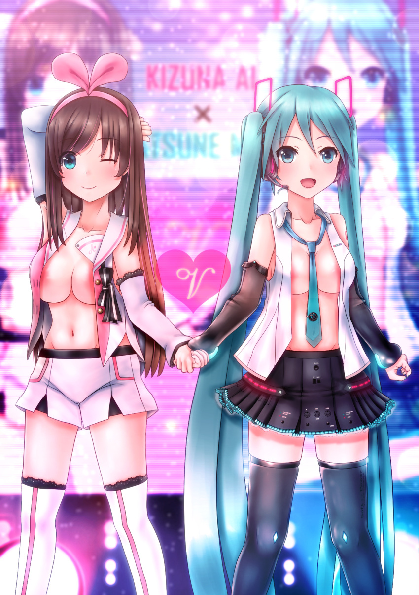 00s 2girls a.i._channel aqua_eyes aqua_hair areola_slip areolae arm_behind_head arm_up armpit_peek bare_shoulders between_breasts blush bow breasts brown_hair character_name detached_sleeves eyebrows_visible_through_hair hair_bow hairband hand_holding hatsune_miku headphones heart highres hiron kizuna_ai large_breasts long_hair looking_at_viewer matching_hair/eyes multiple_girls navel necktie necktie_between_breasts no_bra open_clothes open_mouth shorts skirt smile standing tattoo thighhighs tied_hair twintails virtual_youtuber vocaloid zoom_layer