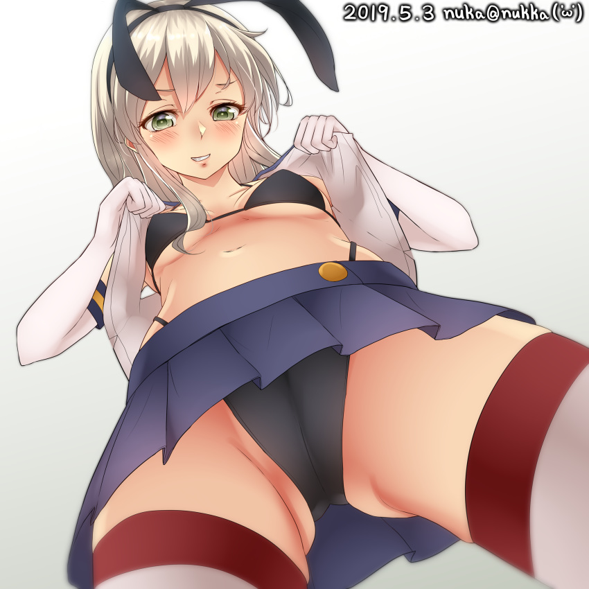 1girl artist_name bangs black_bra black_panties blonde_hair blue_skirt blush bra breasts crop_top dated elbow_gloves from_below gloves grey_eyes hairband highleg highleg_panties highres kantai_collection long_hair looking_at_viewer looking_down microskirt navel nuka_(nvkka) panties pleated_skirt school_uniform serafuku shimakaze_(kantai_collection) skirt small_breasts smile solo striped striped_legwear thighhighs underwear undressing upskirt white_gloves