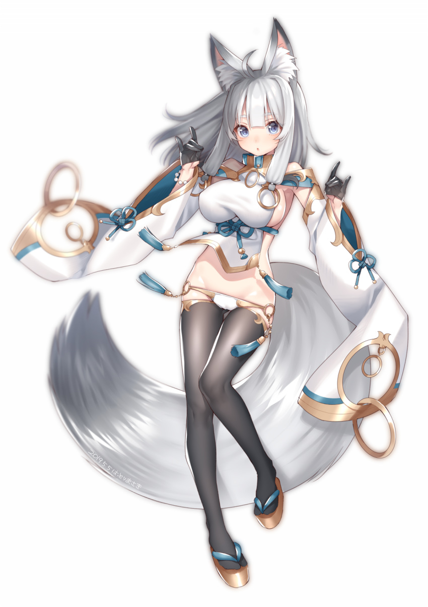 1girl :o ahoge animal_ear_fluff animal_ears bangs bare_shoulders black_gloves black_legwear blue_eyes blush breasts commentary_request dated double_fox_shadow_puppet fox_ears fox_girl fox_shadow_puppet fox_tail full_body gloves groin hands_up hattori_masaki highres large_breasts large_tail long_hair looking_at_viewer midriff navel original panties parted_lips platform_footwear revealing_clothes sideboob silver_hair solo tail taut_clothes thighhighs underwear white_panties