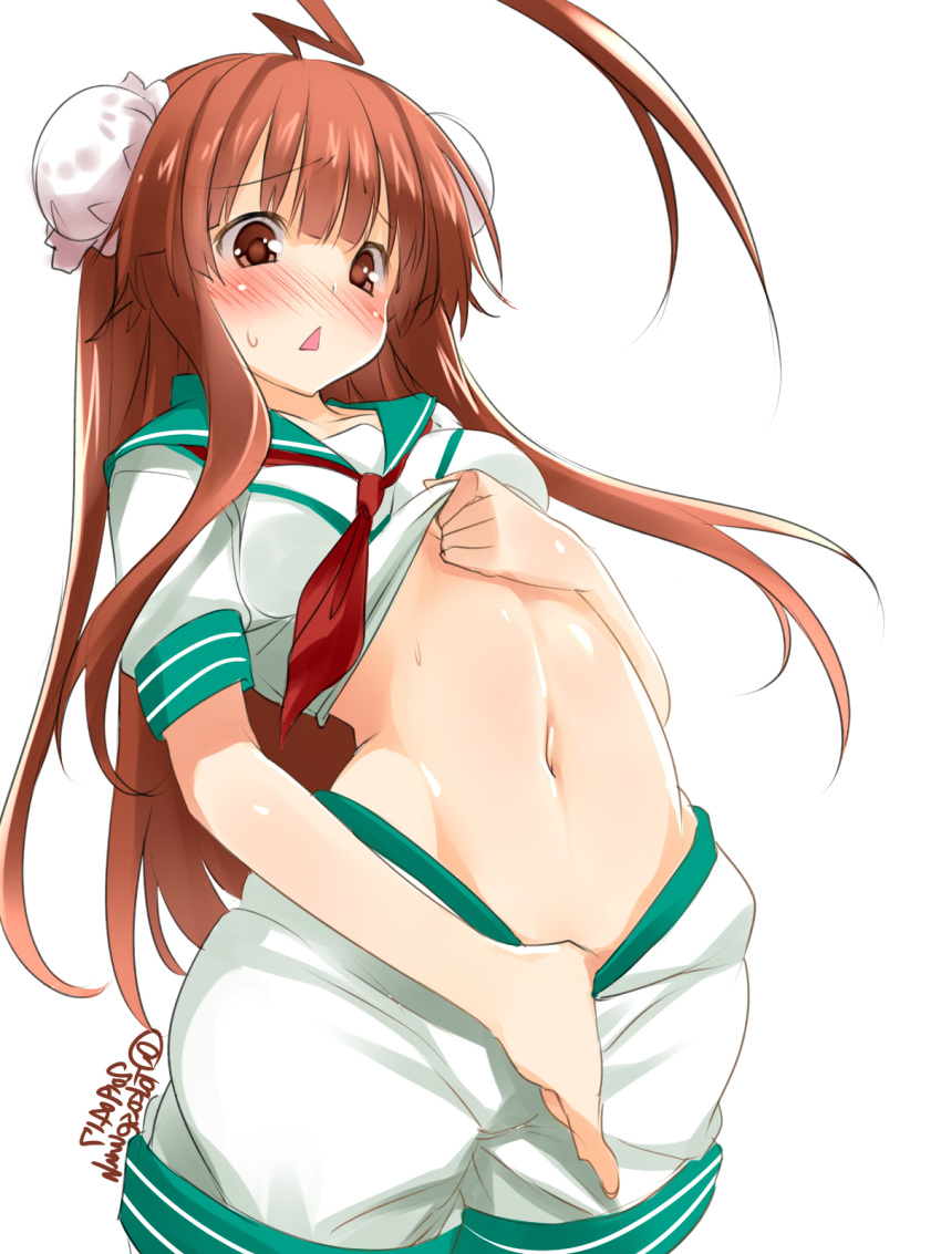 1girl ahoge blush brown_eyes brown_hair bun_cover dated double_bun embarrassed eyebrows_visible_through_hair highres huge_ahoge kantai_collection kuma_(kantai_collection) lifted_by_self long_hair navel neckerchief open_mouth pulled_by_self red_neckwear sailor_collar school_uniform serafuku shirt shirt_lift short_sleeves shorts shorts_pull simple_background solo stomach sweatdrop takase_muu triangle_mouth twitter_username white_background