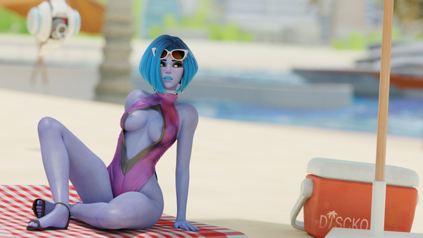 absurdres areola_slip areolae blue_hair blue_lipstick breasts cleavage cote_d'azur_widowmaker discko earrings eyeshadow highres hoop_earrings jewelry lipstick makeup medium_breasts medium_hair open_clothes overwatch sandals sunglasses swimsuit widowmaker_(overwatch)