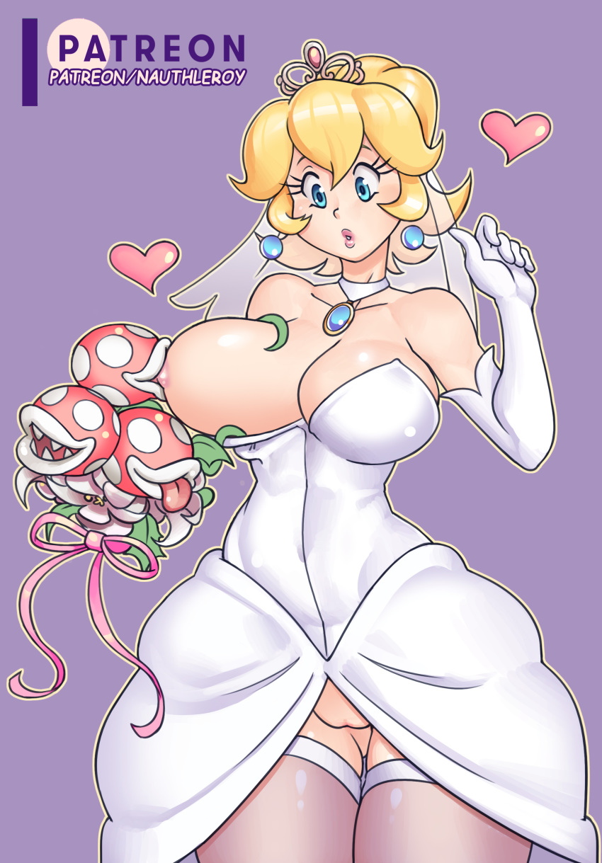 2019 absurd_res areola blonde_hair bouqet breast_suck breasts butt_from_the_front clothing digital_media_(artwork) dress female flora_fauna hair hi_res human mammal mario_bros nauth nintendo nipples no_underwear not_furry piranha_plant plant princess_peach sucking veil video_games wedding_dress