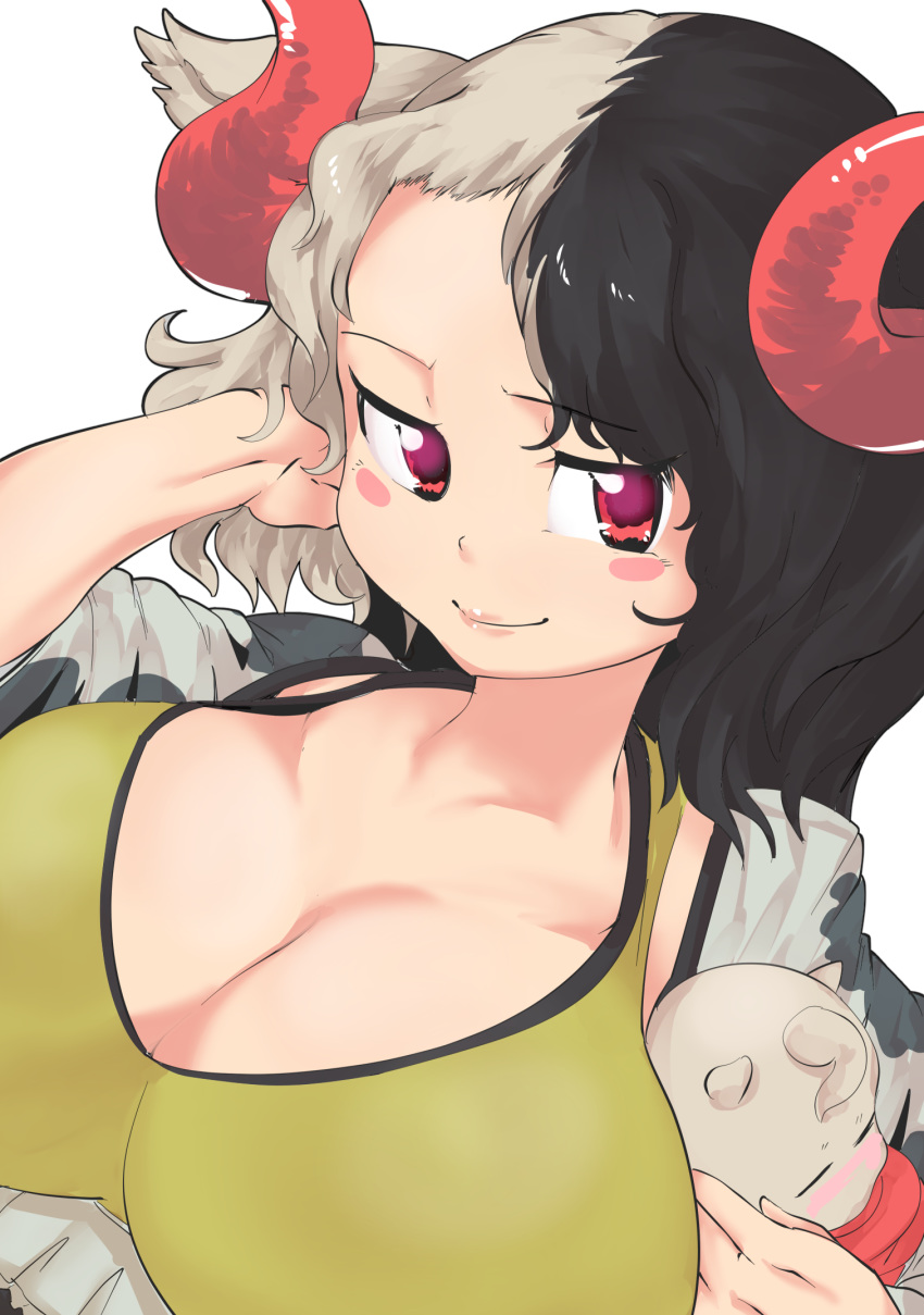 1girl animal_ears animal_print baby bikini_top black_hair blush_stickers breasts cleavage commentary_request cow_ears cow_print half-closed_eyes hand_behind_head highres holding holding_baby horns jacket large_breasts lips looking_at_viewer multicolored_hair oni oni_horns red_eyes red_horns simple_background smile smirk smug solo touhou two-tone_hair upper_body ushizaki_urumi white_background white_hair wily_beast_and_weakest_creature yellow_bikini_top zetsu_(zyej5442)