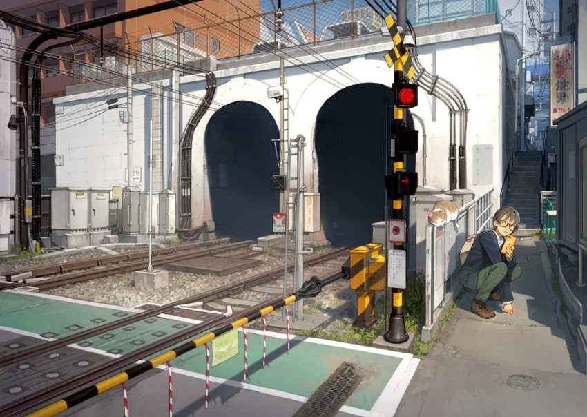 1boy bag black_eyes black_hair building cable cat cellphone cellphone_camera day fence ground_vehicle lamppost looking_to_the_side motor_vehicle open_mouth original outdoors overhead_line phone railroad_crossing railroad_tracks short_hair solo squatting stairs tunnel yoshida_seiji