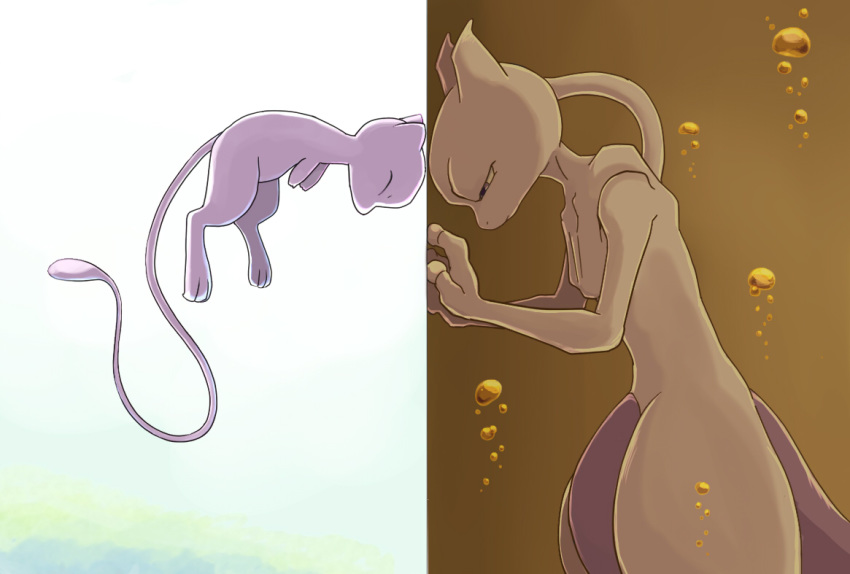 black_background creatures_(company) game_freak gen_1_pokemon head_to_head mew mewtwo nintendo no_humans pokemon split_screen tourikansuke white_background