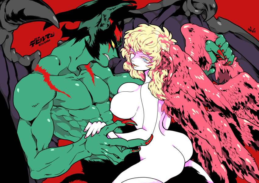 androgynous ass asuka_ryou blonde_hair blood breasts butt_crack demon_boy devilman devilman_crybaby feathered_wings fudou_akira head_wings large_breasts multiple_wings satan_(devilman) topless wings