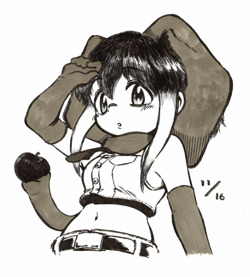 2018 5_fingers african_bush_elephant_(kemono_friends) animal_humanoid apple appleq armwear belt big_ears biped blush breasts bucket button_(fastener) clothed clothing crop_top denim elbow_gloves elephant_humanoid eyebrow_through_hair eyebrows female floppy_ears food front_view frown fruit fully_clothed gloves hair half-length_portrait hand_on_head hatching_(technique) hi_res holding_food holding_object humanoid humanoid_hands japanese kemono_friends looking_at_viewer mammal marker_(artwork) midriff monochrome navel necktie open_frown open_mouth plant pockets portrait proboscidean proboscidean_humanoid raised_arm scarf shadow shirt short_hair simple_background small_breasts small_waist solo standing surprise topwear traditional_media_(artwork) translucent translucent_hair trunk trunk_hold white_background