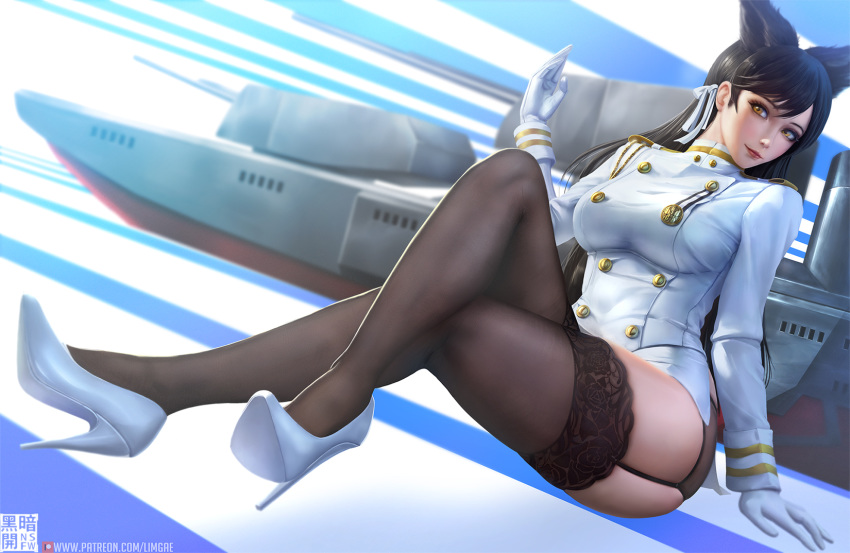 1girl aiguillette animal_ears atago_(azur_lane) azur_lane bangs black_hair black_legwear bottomless breasts commentary double-breasted dutch_angle english_commentary extra_ears full_body garter_straps gloves high_heels highres lace lace-trimmed_legwear legs_crossed limgae long_hair looking_at_viewer medium_breasts military military_uniform miniskirt patreon_username ribbon ship sitting skindentation skirt solo swept_bangs thighhighs uniform watercraft white_footwear white_gloves white_ribbon yellow_eyes