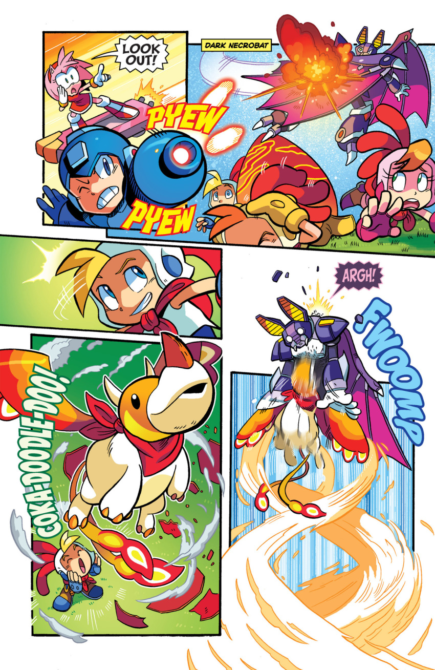 2girls 4boys amy_rose archie_comics arm_cannon attack billy_hatcher billy_hatcher_and_the_giant_egg blonde_hair blue_eyes boots capcom chick_poacher chicken_costume cloud combat comic cow crossover dark_necrobat defensive dialogue ducking egg explosion eyebrows eyes_closed feathers female fight fighting fingerless_gloves fingers firing giant_egg gloves grass hair hand_over_head hands hands_up hatching helmet hooves horn horns hybrid long_tail looking_back male metal motion_lines one_eye_closed onomatopoeia orange_hair outdoors outside pink_fur pink_hair pointing ramming robot rockman rockman_(character) rockman_(classic) rockman_x rolly_roll scarf sega shooting sky smile smoke sonic_(series) speech_bubble speed_lines tail talking text wings yelling