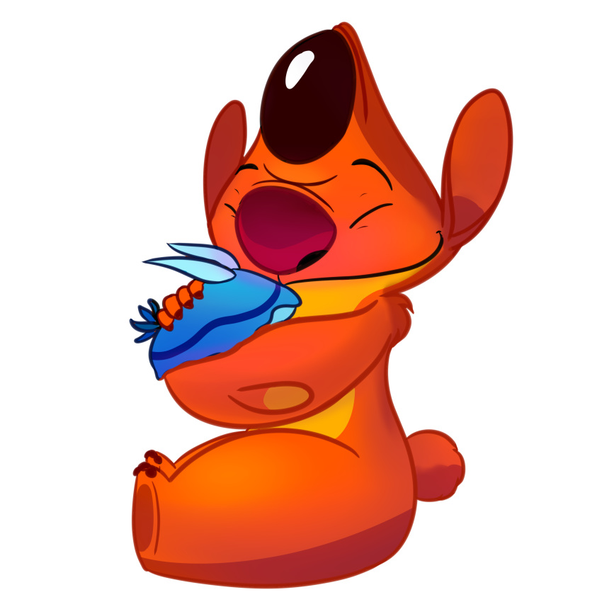 1:1 2019 absurd_res alien claws digital_drawing_(artwork) digital_media_(artwork) disney experiment_(species) eyes_closed fur gastropod heat_(lilo_and_stitch) hi_res lilo_and_stitch marine mollusk orange_claws orange_fur plushie red_nose sea_slug simple_background sitting slug small_tail solo starryblast9 white_background